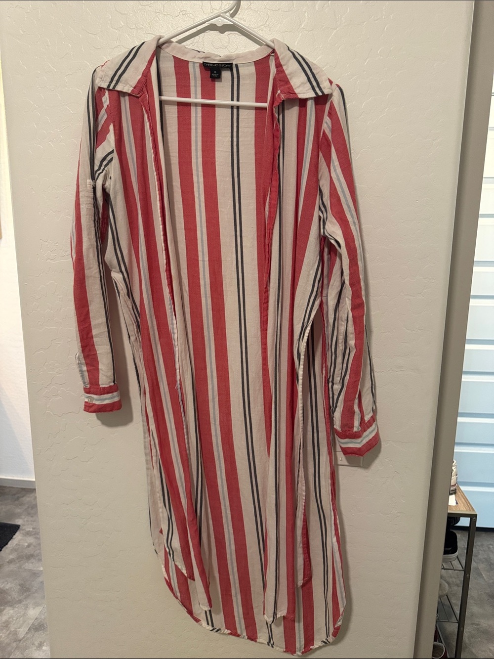 Women's Long Sleeve Striped Duster - Red & Cream